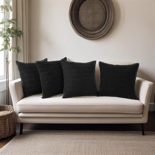 Hibate Black Corduroy Cushion Covers 45 x 45 cm Set of 4 Boho Decorative Square Throw Pillow Covers 18x18 Inch for Home Bohemian Decor Living Room Bedroom Sofa Couch