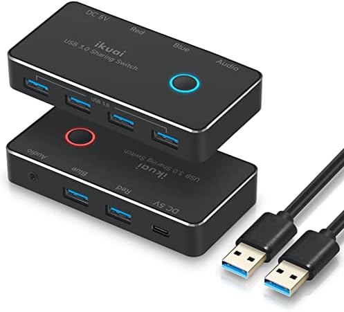 USB Switch, ikuai Aluminum USB 3.0 Switch Selector for 2 Computer Sharing 4 USB Device + 1 Audio Output, One-Button Control KM Switcher Box with 2X USB Cables for Printer Mouse Headset Peripheral