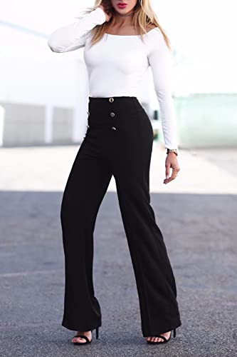 Women's Stretchy High Waisted Wide Leg Button-Down Pants Sailor Bell Flare Pants Black #TOP3