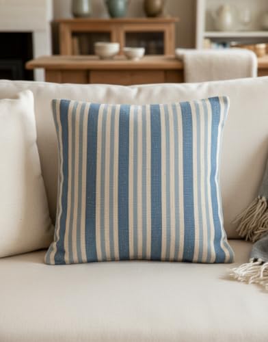 Image of Vayu Earth Yarn-Dyed Cotton Striped Blue Cushion Cover 46 x 46cm Blue & Grey – Soft Breathable Square Pillowcase, Coastal Striped Throw Pillow Slip for Sofa & Bed