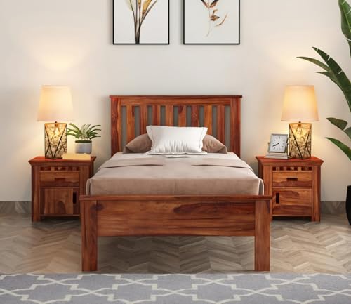 Image of CRAFT D ARTS Sheesham Wood Single Size Bed Without Storage | Wooden Single Bed | Space Saving Low Floor /Lying /Rise /Level /Profile Cot Bed for Bedroom | Venus, Honey Finish