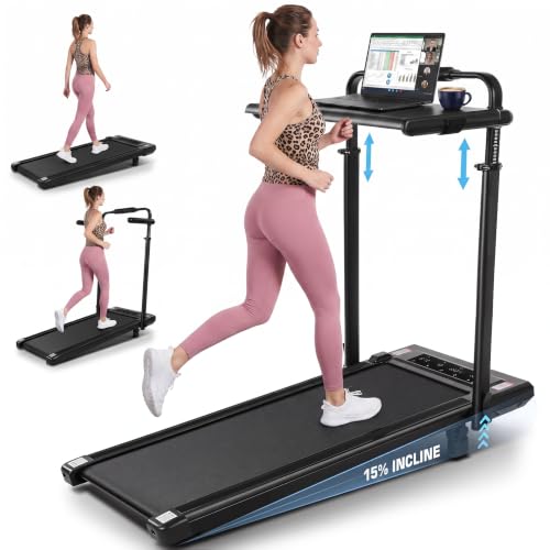 Image of Height-Adjustable Desk Treadmill with 15% Incline for Home Office Workout | 8 in 1 Folding Treadmill 450lbs Weight Capacity, 3.5HP Quiet Portable Treadmill with Desk, 3 Type Control, Ready to Use