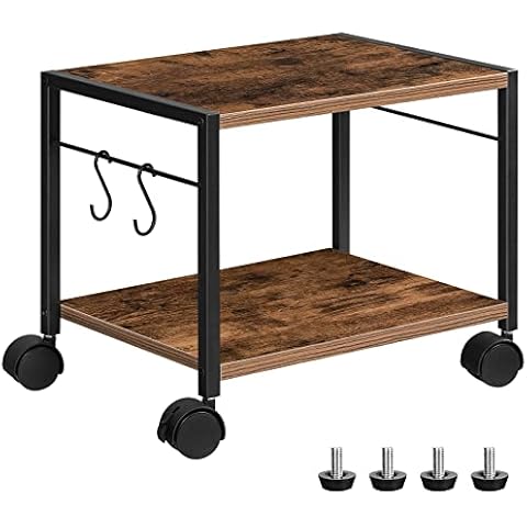 ALLOSWELL Mobile Printer Stand, 2 Tier Printer Trolley with Storage Rack, Under Table Storage Trolley with 2 Hooks and 4 Wheels Trolley for Home Office, Rustic Brown APTHR2001 Cover