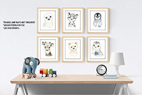 Arctic Baby Animals Wall Art Prints - Nursery Decor - Snow Theme Toddler Bedroom Decor - Set of 6-8x10 - Unframed - Watercolor