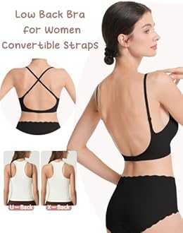 Low Back Bra Seamless Multiway Bralette - Scoop Neck Backless Bras for Women Padded Spaghetti Thin Strap Wireless Bra