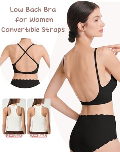 Low Back Bra Seamless Multiway Bralette - Scoop Neck Backless Bras for Women Padded Spaghetti Thin Strap Wireless Bra