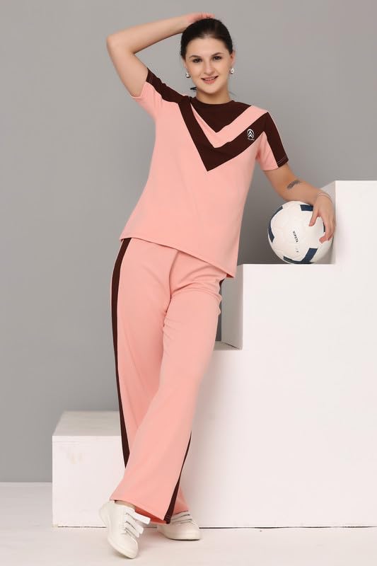 Image of Women's Cotton Blend Athletic Tracksuit - Round Neck Pullover Top & Bottom Set for Women and Girls | Sportswear & Loungewear Co-ord Set