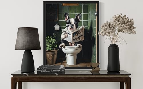 Image of French Bulldog 1 on Toilet Black Framed Wall Art Print Poster, Dog Bathroom Humor Decor Posters Prints for Restroom Home Picture Painting Artwork Gallery 7 (French Bulldog 1, 18 x 24 inches, Black Frame)