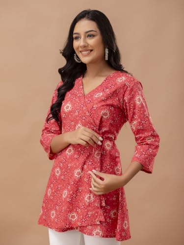 Image of feranoid Floral Print Angrakha 3 Sleeves Flared Kurti