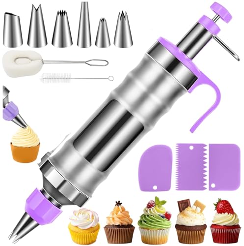 Loxiia Stainless Steel Icing Gun Set with Piping Nozzles, Scrapers, and Reusable Tools for Perfect Pastry Decoration (Purple)