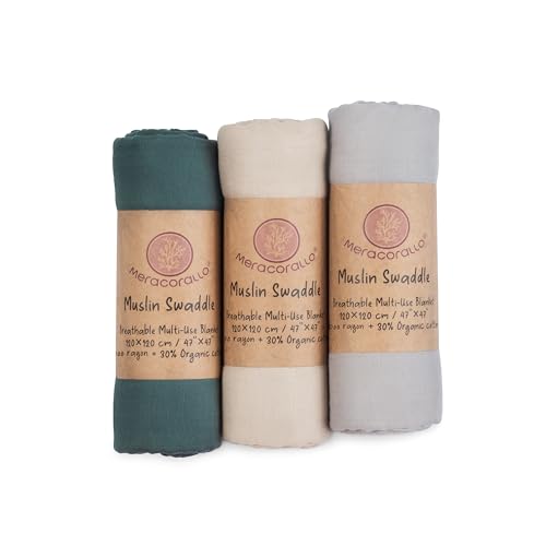 Image of Meracorallo Muslin Swaddle Blanket Silky Soft Receiving Blanket Neutral Swaddle Wrap for Baby Boys and Girls, 47 x 47 inches, Set of 3 Solid Color (Green+Beige+Gray)