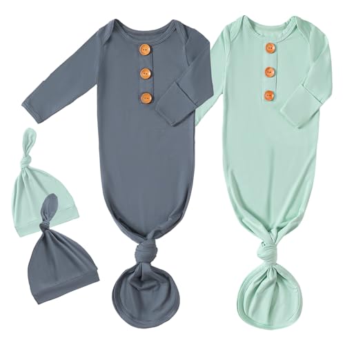 OPAWO Knotted Gown Baby Newborn Sleepers Baby Boy Coming Home Outfit, Bamboo Viscose Baby Gowns with Mitten Cuffs and Hat Set(Navy Blue + Sage Green, 0-3 Months)