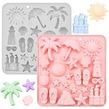2PCS Coconut Tree Starfish Shells Beacon Pineapple Shape Candy Molds, 3D Summer Beach Theme Silicone Mould Tray DIY Baking Tool for Chocolate Cake Dessert Candy Mousse Pastry Candy Polymer