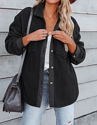 Zesica Womens Winter Casual Sherpa Fleece Jacket Long Sleeve Button Solid Warm Fuzzy Outwear Coat Pockets,Black,Large #TOP6