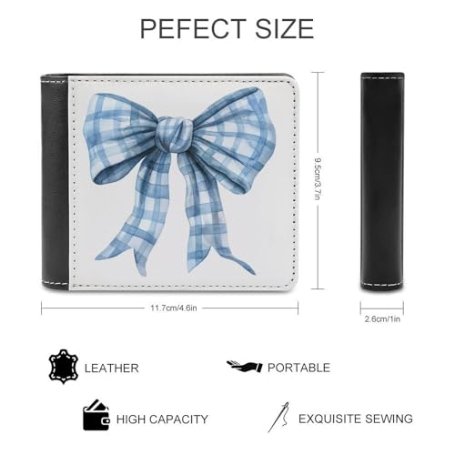 Watercolor Pastel Blue Ribbon Bow Soft PU Leather Bifold Wallet, Coin Purse Credit Pass Case, Durable Card-Holder Slim Billfold for Men Woman Money Storage2