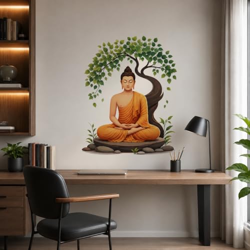 Image of Rangoli Buddha Wall Sticker Self-Adhesive 16 x 20 Inch Waterproof Wall Decor for Living Room Bedroom Office Meditation Buddha Tree Wall Decal