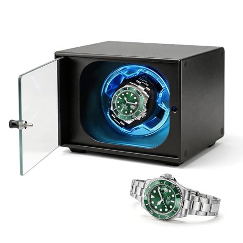 Cevale Watch Winder, Aluminum Single Automatic Watch Winder with Ultra Quiet Motor(≈0dB),Self-Winding Metal Watch Winder for Rolex and More,Blue Light,Side Open Glass Door,Gift for Watch Lovers