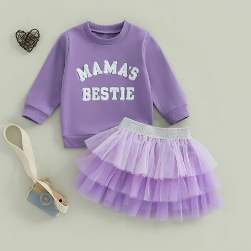Kids Baby Girls Mamas Bestie Skirts Set Long Sleeve Embroidery Letter Sweatshirt Tops and Mini Ruffled Tutu Skirts3