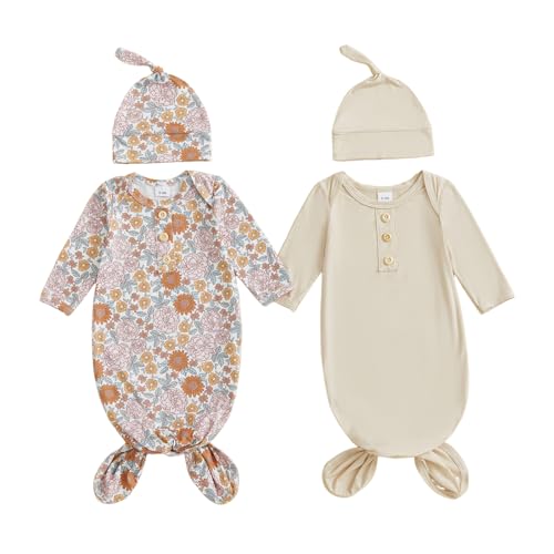 Merqwadd 2-Pack Baby Sleeper knotted Gown Boy Girl Nightgown with Hat Set (Beige&Flower,0-3 Months)