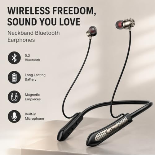 Image of Hello Wireless Bluetooth Neckband with ENC Mic, 48H Playtime, Bluetooth 5.3, 12mm Deep Bass Drivers, Type-C Fast Charging, IPX4 Sweat & Water Resistant, Magnetic Earbuds