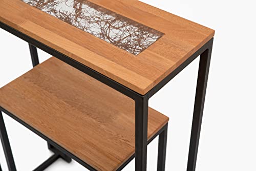 Tavolini Furniture 26" Wide Solid Oak Console Table With Metal Black Frame, Natural Brown #TOP7