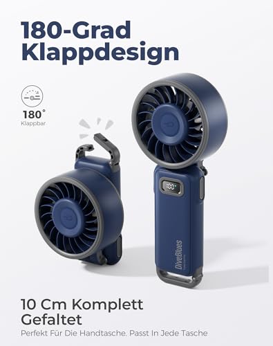 Diveblues Handventilator Tragbarer Turbo-Ventilator mit 100 Stufen und 7,4m/s Starkem Luftstrom, 180° Faltbarer 4-in-1 Mini-Ventilator für Hand, Hals und Tisch, Aufladbar für Sommer, Reise und Outdoor