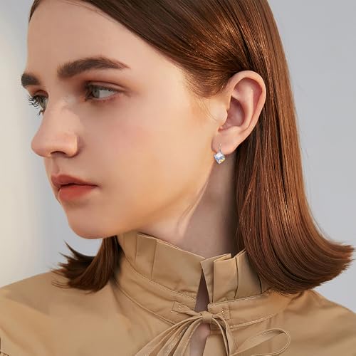 AOBOCO Sterling Silver Leverback Earrings Embellished with Crystals from Austria, Hypoallergenic 8mm Cube Crystal Square Earrings, Fine Anniversary Birthday Jewelry Gifts for Women2