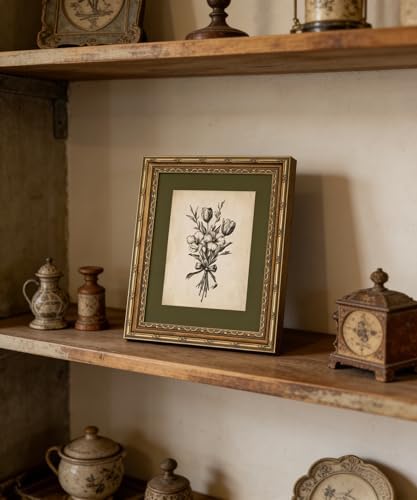 Gold Framed Wall Art Vintage Flower Sketch Wall Art Antique Sage Green Botanical Wall Decor Picture Dark Green Floral Drawing Poster Print for Bedroom Living Room 9x11in — view 7