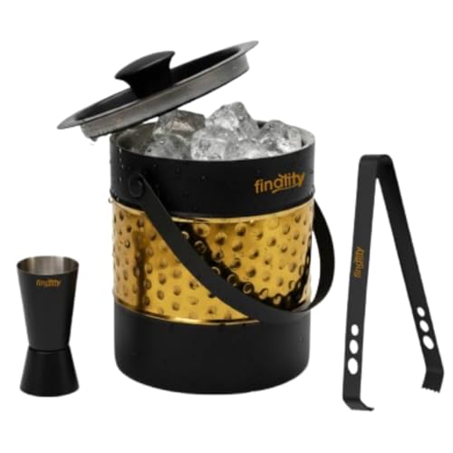 Image of FINALITY Stainless Steel Double Walled Insulated Ice Bucket with Lid with Tong and V Peg Measure, 1.5 Liter| (Black with Gold Hammered IB+Tong+Peg Measure)