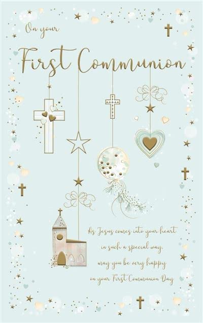 Male 'First Communion' Congratulations Card for Boys - Church, Cross, Balloon & Heart with Foil Details - Made in the UK by International Cards & Gifts