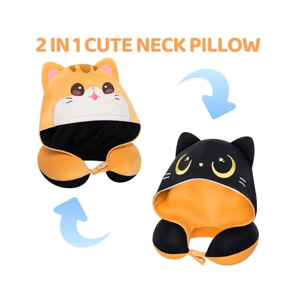 Travel Neck Pillow with Hood, Double Sides Cat Neck Pillow for Adults & Teens, Memory Foam Travel Pillow for Airplane, Soft Velvet & Cooling Ice Silk Fabric Flight Pillow with Adjustable Strap - Image 3