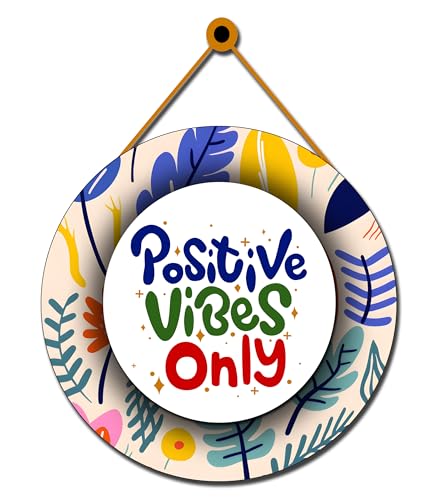 Image of GENXTRA Positive Vibes Only Round Hanging Wall Decor - Colorful Motivational Wooden Sign for Home & Office