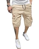 YAOHUOLE Men's Casual Shorts Cotton Cargo Shorts Lightweight Drawstring Plain Color Bermuda Beige XL