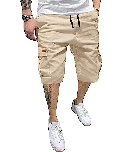Image of YAOHUOLE Men's Casual Shorts Cotton Cargo Shorts Lightweight Drawstring Plain Color Bermuda Beige XL