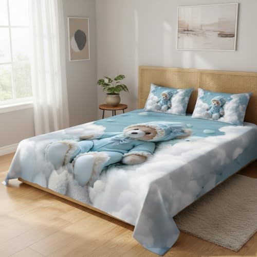 Image of 7D Fairy Tale Collection Double Bedsheet 90x100 inch with 2 Pillow Covers | Good Stitching, Soft Fabric & Vibrant 7D Digital Print for Kids & Couples (Sky Blue)