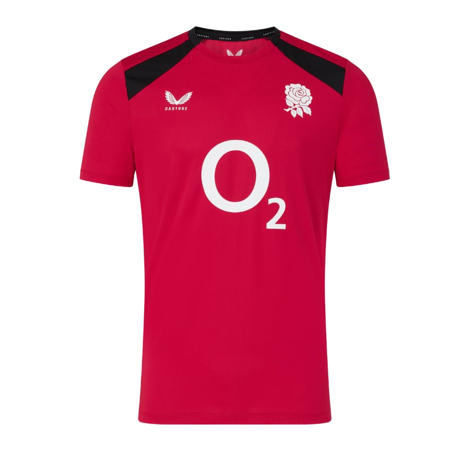 Castore England Rugby Men's Performace Short Sleeve Tee, Black/Persian Red, XS