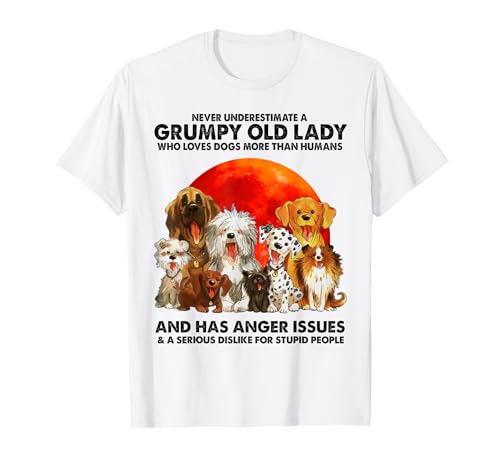 Never Underestimate A Grumpy Old Lady Who Loves Dogs T-Shirt