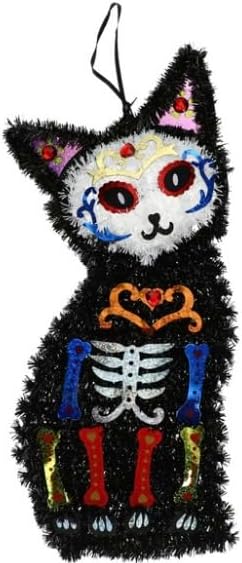 Day of the Dead Cat Wall Decoration, Black Tinsel, Skeleton Motif with Sugar Skull Design, 15 x 6 Inches, Halloween Home Decor