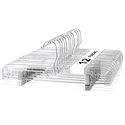 House Day Pants Hangers 12 Pack Skirt Hangers With Clips 14 Inch Clear Hangers 360-Rotating Stainless Steel Clips,Hangers With Adjustable Clips For Adult And Hangers For Pants, Skirts, Jeans,Slacks #TOP24