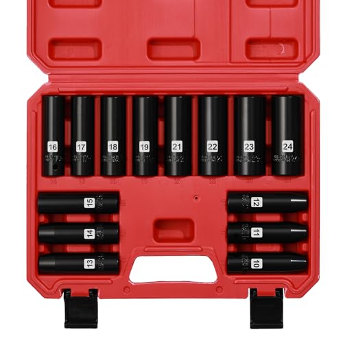 EMENTOL 14PCS 1/2\" Drive Deep Impact Socket Set, Metric, 6-Point, CR-V, 14 Pieces 1/2 Inch Dr. Deep Socket Set, 10 mm - 24 mm