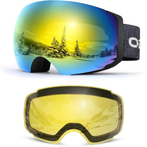 Odoland Magnetic Ski Goggles, 2 Interchangeable Lens Anti-Fog for Men Women