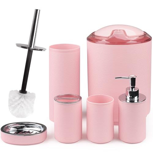 CERBIOR Bathroom Accessories Set Bath Ensemble Includes Soap Dispenser, Toothbrush Holder, Toothbrush Cup, Soap Dish for Decorative Countertop and Housewarming Gift (Pink Spiricle)
