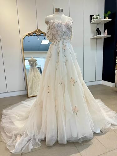 Zhangyo Lace Appliques Wedding Dreses With Train Ivory 3D Flowers Wedding #TOP25