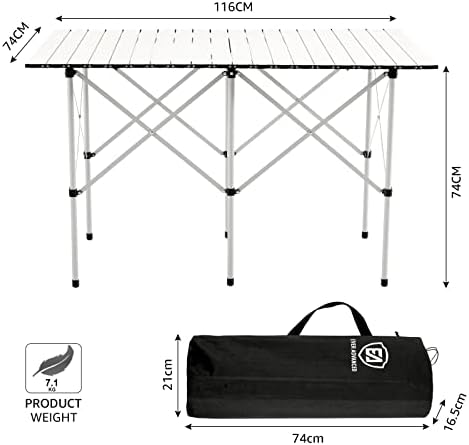 EVER ADVANCED Camping Table that Fold Up 3.8ft Folding Table Aluminium Garden Table Roll Up Top 6 People with Carry Bag for Picnic Dining Outdoor Beach BBQ Large Fold Away Table Portable 116x 74x 74cm