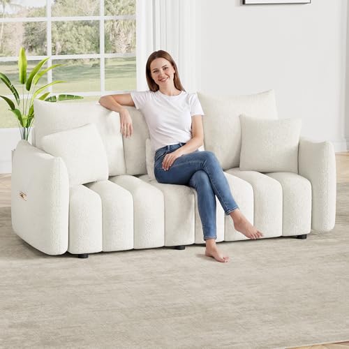 Image of OUYESSIR 81 inch Modern Sofa Couch, Comfy Upholstered Teddy Deep Seat Boucle Sofa, Modern 3-Seater Cloud Couch, Oversized Loveseat for Living Room Office Apartment, Beige White