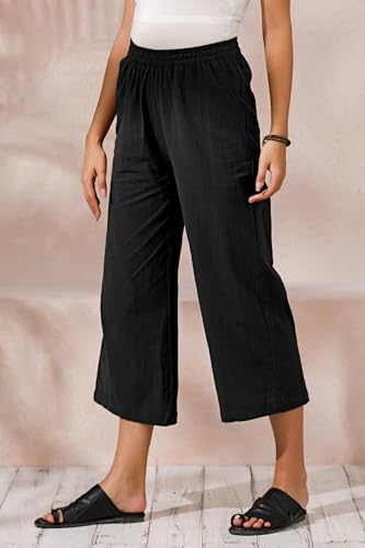ECUPPER Women's Plus Size Elastic Waist Cotton Capri Pants Relaxed Loose Casual Cropped Trousers Black 4XL - Image 2