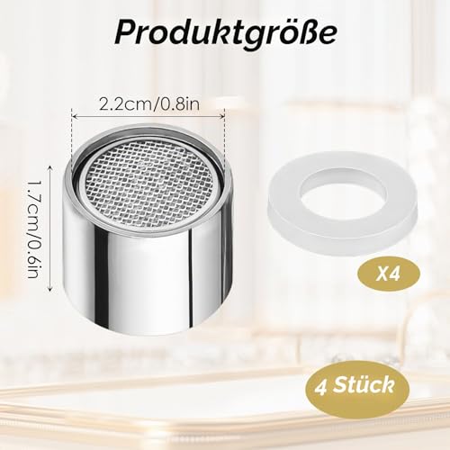 4 Stück Strahlregler, M22 Perlatoren für Wasserhähne mit 4 Dichtungen Wasserhahn Sieb mit Chrom-Messing-Gehäuse Innengewinde wassersparend für Bad Küche