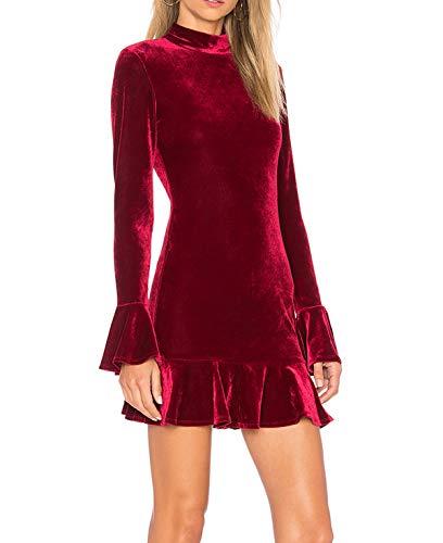 R.Vivimos Women's Winter Long Sleeve Velvet Ruffles Bodycon Mini Dress2