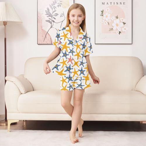 Starfish Creative Print Summer Satin Pajama Set, Cute Button-Down Sleepwear Pj Set for Sleep Wears3