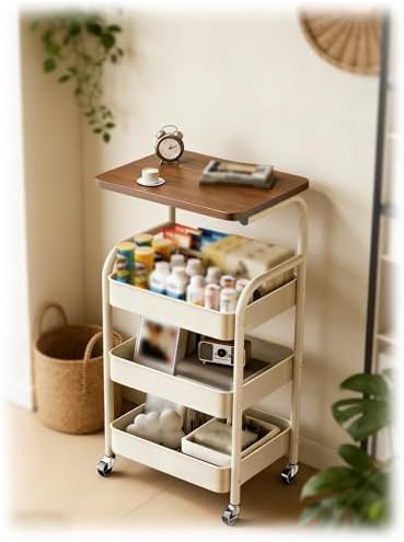 Multi-Purpose Rolling Storage Trolley with Wooden Top & Lockable Wheels - Versatile Metal Cart for Living Room, Kitchen, Bedroom - Black (1.44x0.98x2.53 ft)